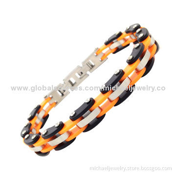 Stainless Steel Bracelets with Black and Orange Rubber, Healthy and Fashionable